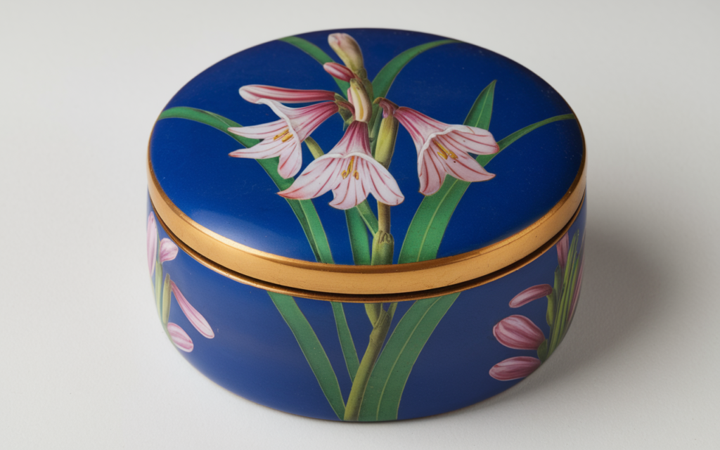  round Tiffany porcelain-hinged lidded trinket box France Limoges Fritillaria