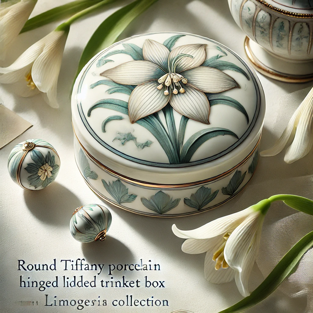  round Tiffany porcelain-hinged lidded trinket box France Limoges Fritillaria